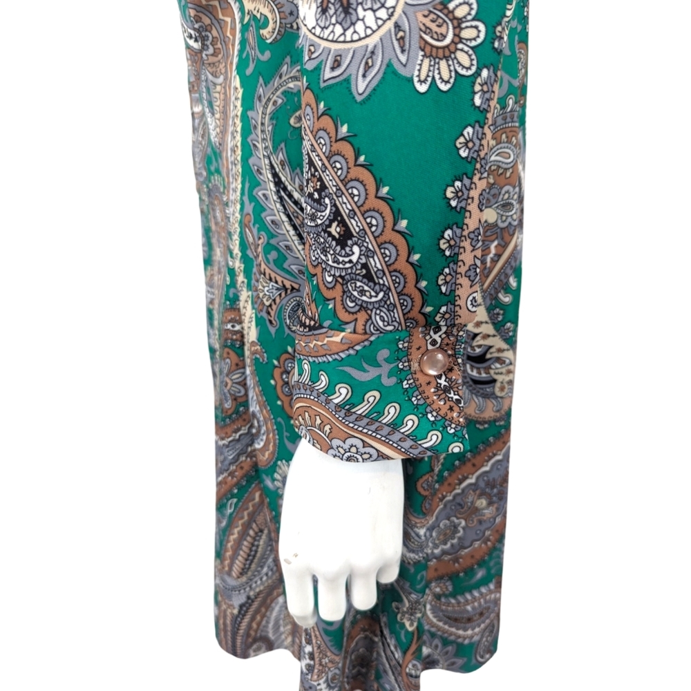 Vintage 70s 60s Paisley Shirt Dress Womens Large Polyester Green Shift - Picture 5 of 13